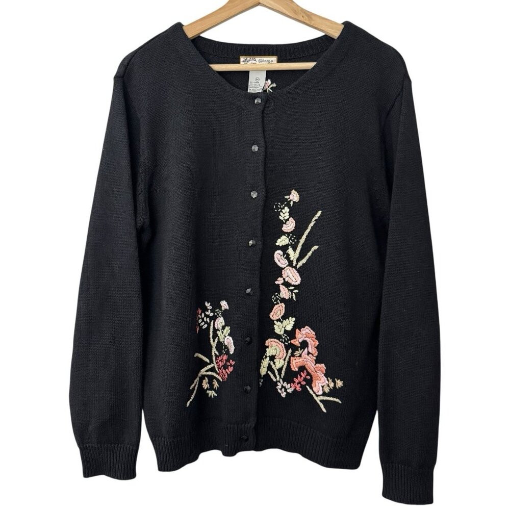Vintage Heirloom Black Cottagecore Cotton Cardigan Floral‎ Embroidered Sweater